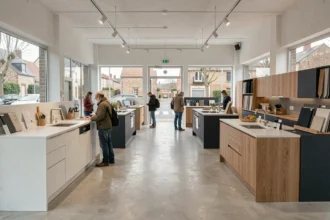 Vue panoramique d'un showroom de cuisinistes dans la Vienne avec plusieurs espaces cuisine exposés