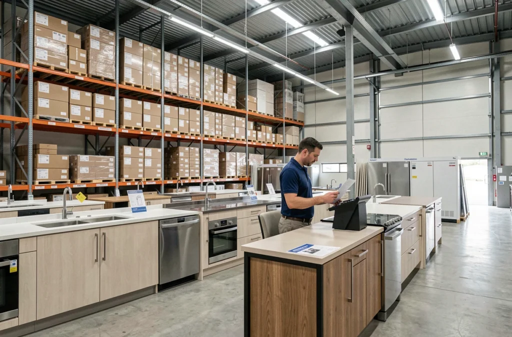 RLM Distribution à Poitiers, entrepôt et showroom de cuisines avec exposition de modèles et stock de meubles