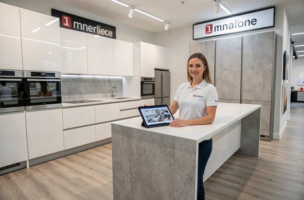 Showroom Schmidt à Poitiers avec une cuisiniste présentant un modèle de cuisine moderne sans poignées