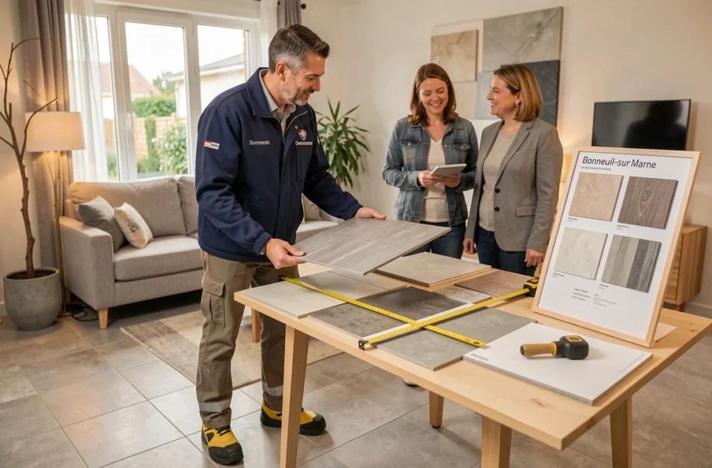 Conseiller SN Habitat présentant des échantillons de carrelage à des clients pour un aménagement à Bonneuil-sur-Marne