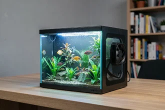 Aquarium compact sur bureau avec ventilation discrète et design minimaliste aluminium brossé