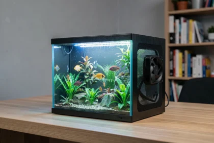 Aquarium compact sur bureau avec ventilation discrète et design minimaliste aluminium brossé
