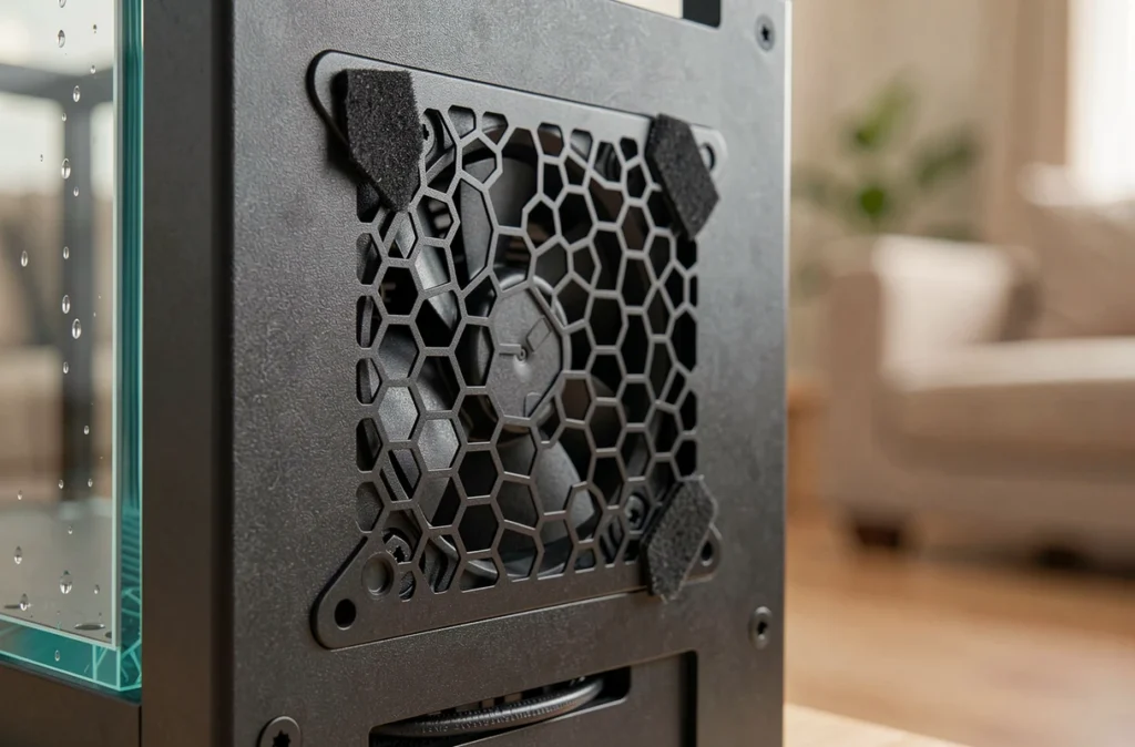 Grille de ventilation hexagonale sur boitier aquarium compact avec ventilateur silencieux et filtre anti-poussière